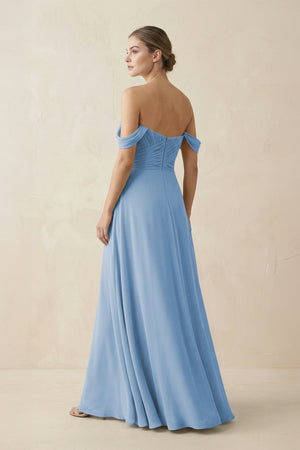 Steel Blue A-Line Off-the-Shoulder Chiffon Bridesmaid Dress (2) | KISSBRIDAL