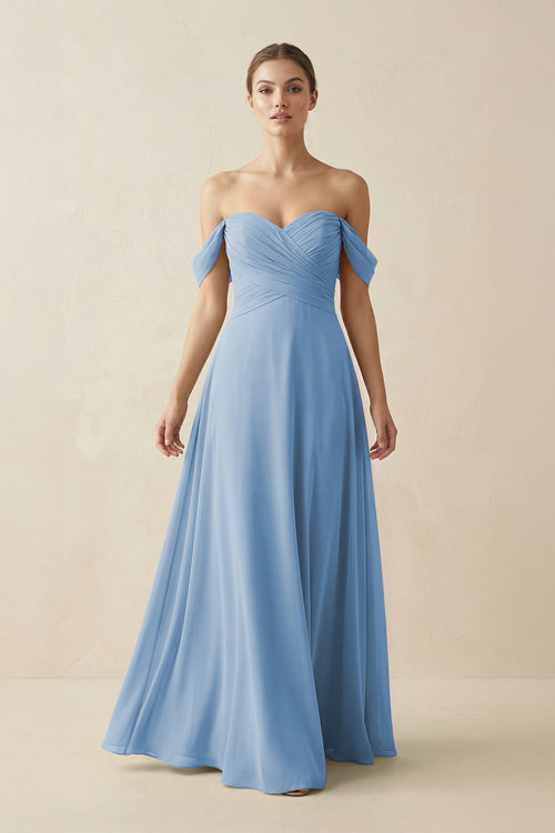Steel Blue A-Line Off-the-Shoulder Chiffon Bridesmaid Dress | KISSBRIDAL