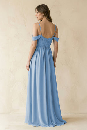 Steel Blue A-Line Off-the-Shoulder Pleated Chiffon Bridesmaid Dress (2) | KISSBRIDAL