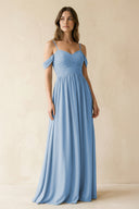 Steel Blue A-Line Off-the-Shoulder Pleated Chiffon Bridesmaid Dress | KISSBRIDAL