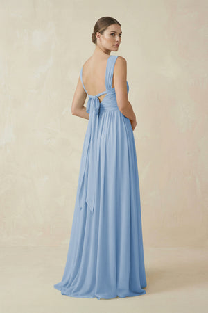Steel Blue A-Line Pleated Chiffon Long Bridesmaid Dress (2) | KISSBRIDAL