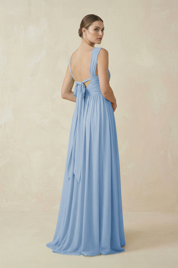 Steel Blue A-Line Pleated Chiffon Long Bridesmaid Dress (2) | KISSBRIDAL