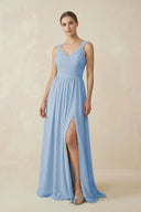 Steel Blue A-Line Pleated Chiffon Long Bridesmaid Dress | KISSBRIDAL