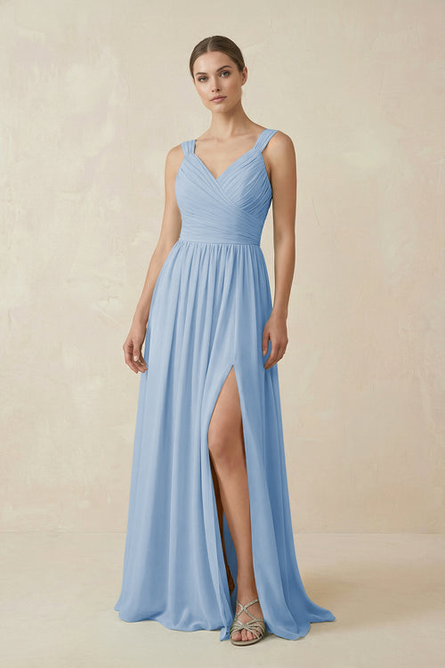 Steel Blue A-Line Pleated Chiffon Long Bridesmaid Dress | KISSBRIDAL