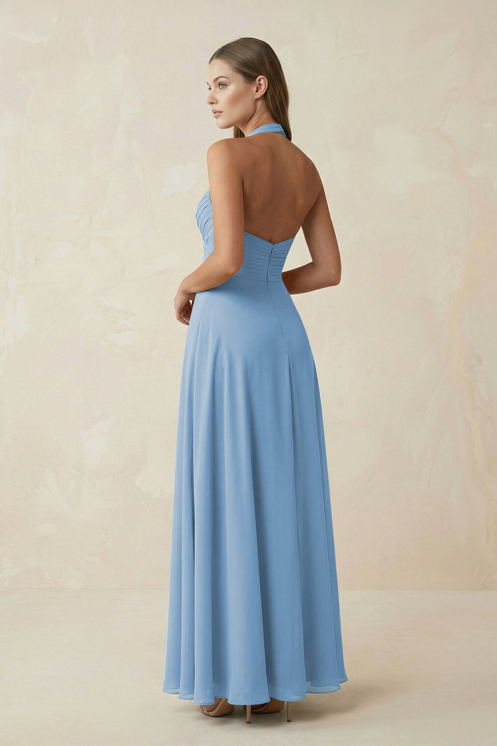 A-Line Pleated Chiffon V-Neck Bridesmaid Dress in Steel Blue