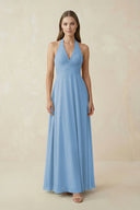 Steel Blue A-Line Pleated Chiffon V-Neck Bridesmaid Dress | KISSBRIDAL