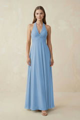 Steel Blue A-Line Pleated Chiffon V-Neck Bridesmaid Dress | KISSBRIDAL