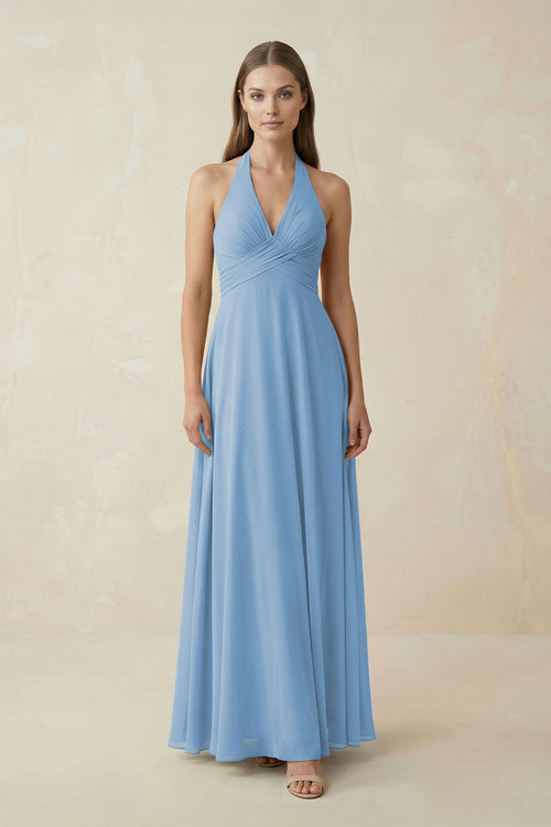 Steel Blue A-Line Pleated Chiffon V-Neck Bridesmaid Dress | KISSBRIDAL