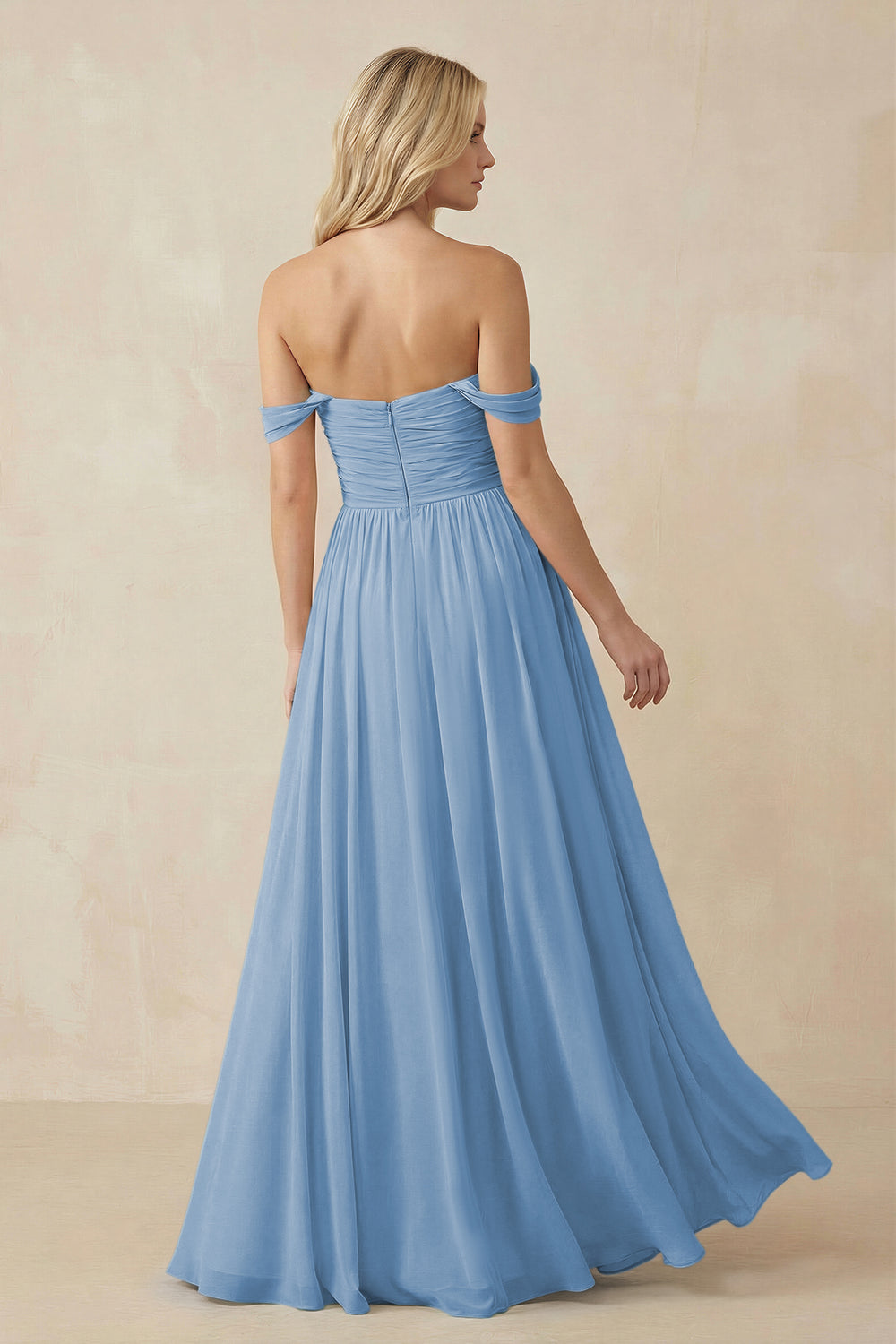 A-Line Pleated Long Chiffon Bridesmaid Dress in Steel Blue
