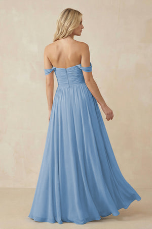 Steel Blue A-Line Pleated Long Chiffon Bridesmaid Dress (2) | KISSBRIDAL