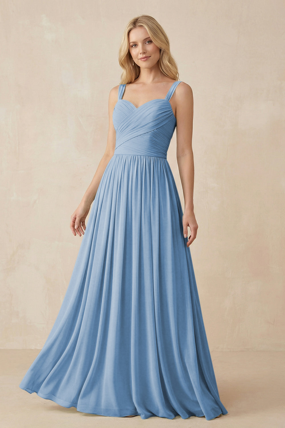 A-Line Pleated Long Chiffon Bridesmaid Dress in Steel Blue