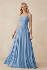 Steel Blue A-Line Pleated Long Chiffon Bridesmaid Dress | KISSBRIDAL