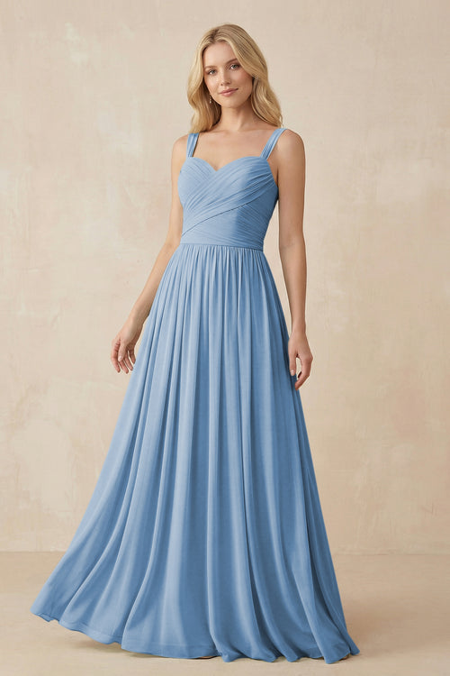Steel Blue A-Line Pleated Long Chiffon Bridesmaid Dress | KISSBRIDAL