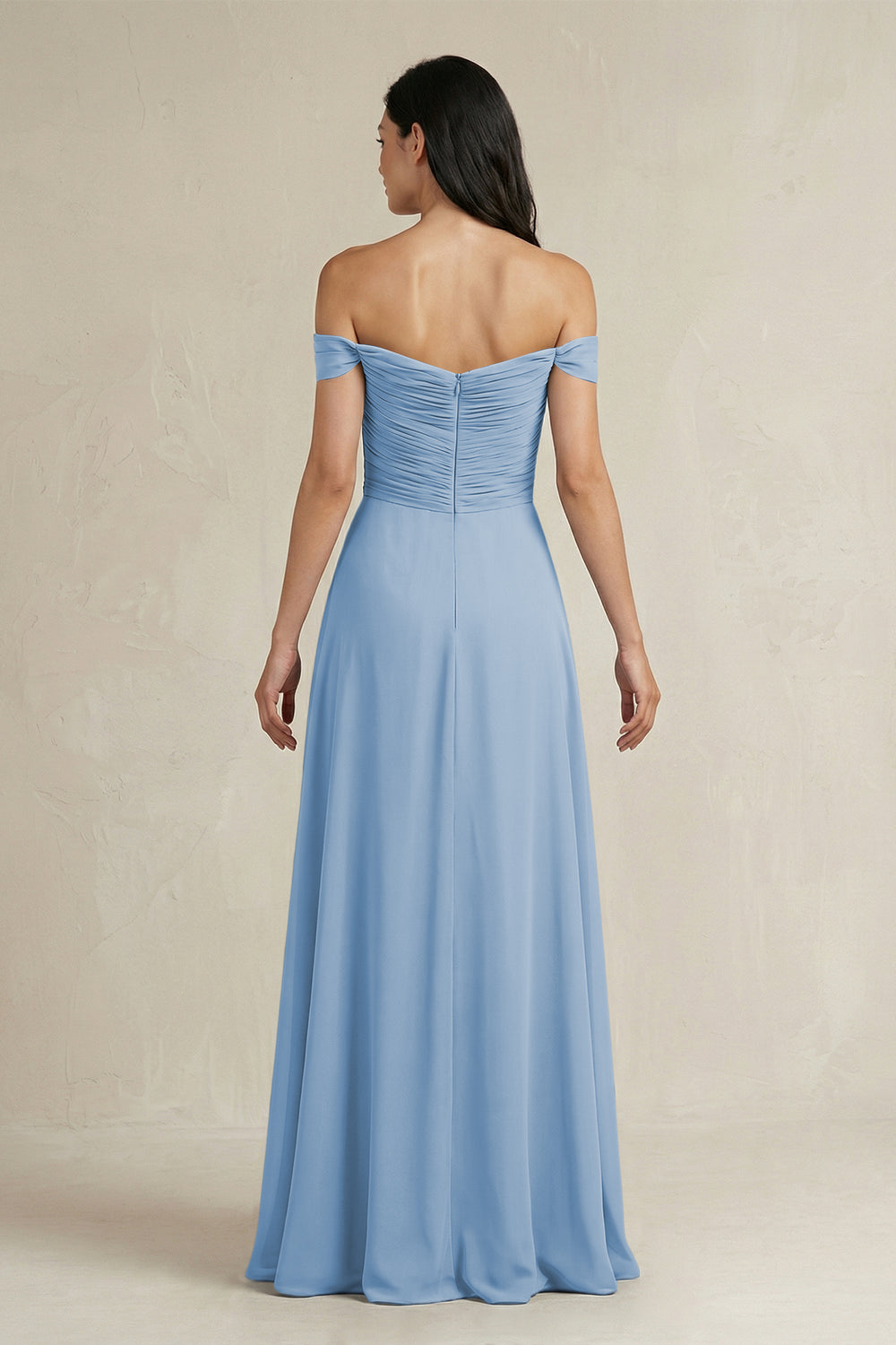A-Line Pleated Off-the-Shoulder Chiffon Bridesmaid Dress in Steel Blue
