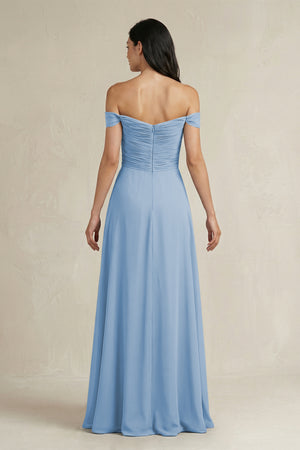 Steel Blue A-Line Pleated Off-the-Shoulder Chiffon Bridesmaid Dress (2) | KISSBRIDAL