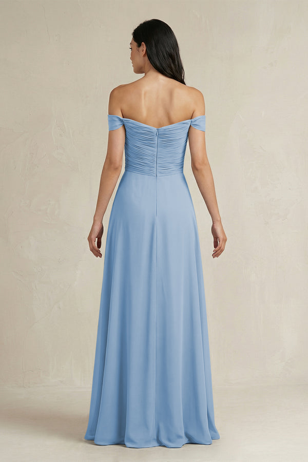Steel Blue A-Line Pleated Off-the-Shoulder Chiffon Bridesmaid Dress (2) | KISSBRIDAL