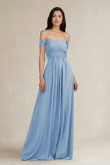 Steel Blue A-Line Pleated Off-the-Shoulder Chiffon Bridesmaid Dress | KISSBRIDAL