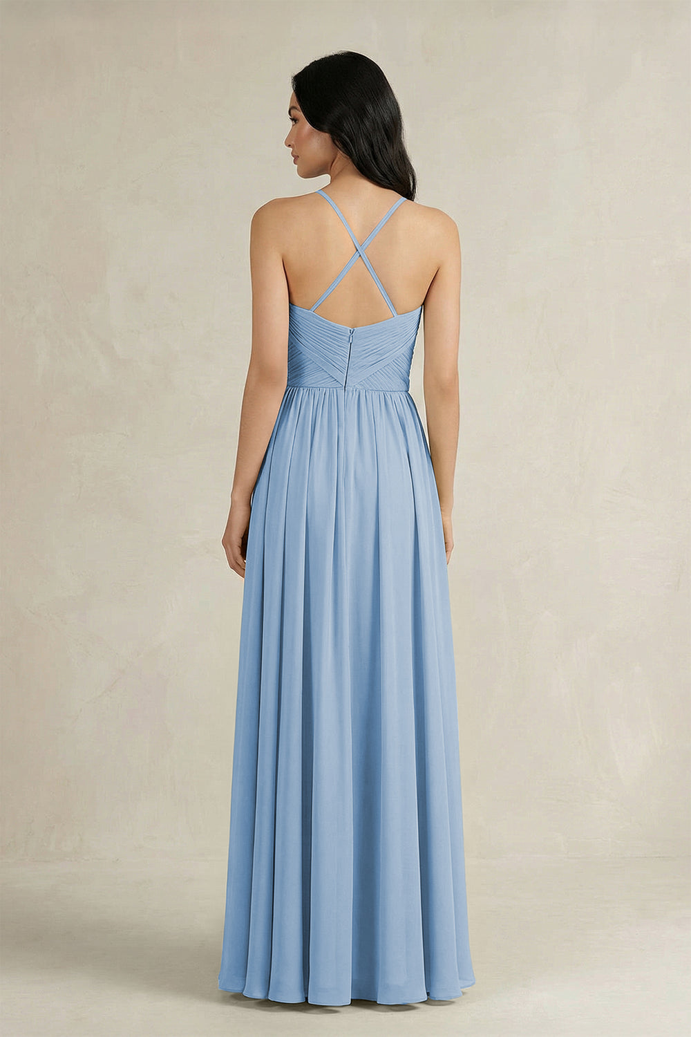 A-Line Pleated Spaghetti Strap Chiffon Bridesmaid Dress in Steel Blue