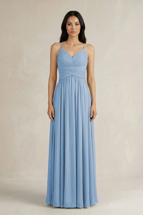 Steel Blue A-Line Pleated Spaghetti Strap Chiffon Bridesmaid Dress | KISSBRIDAL