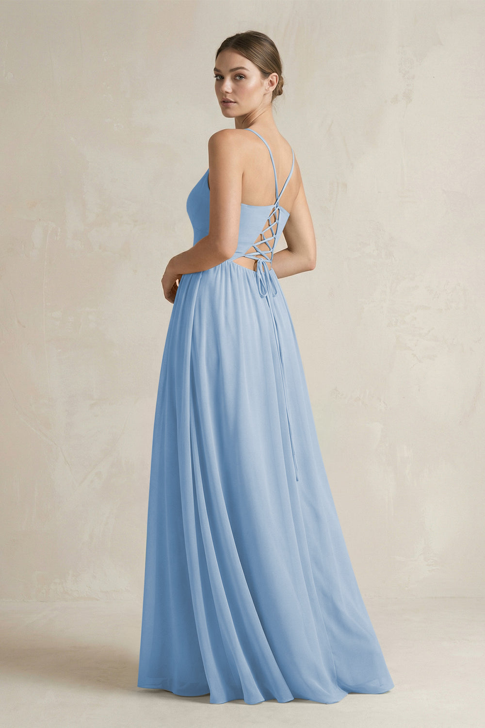 A-Line Spaghetti Strap Chiffon Bridesmaid Dress in Steel Blue
