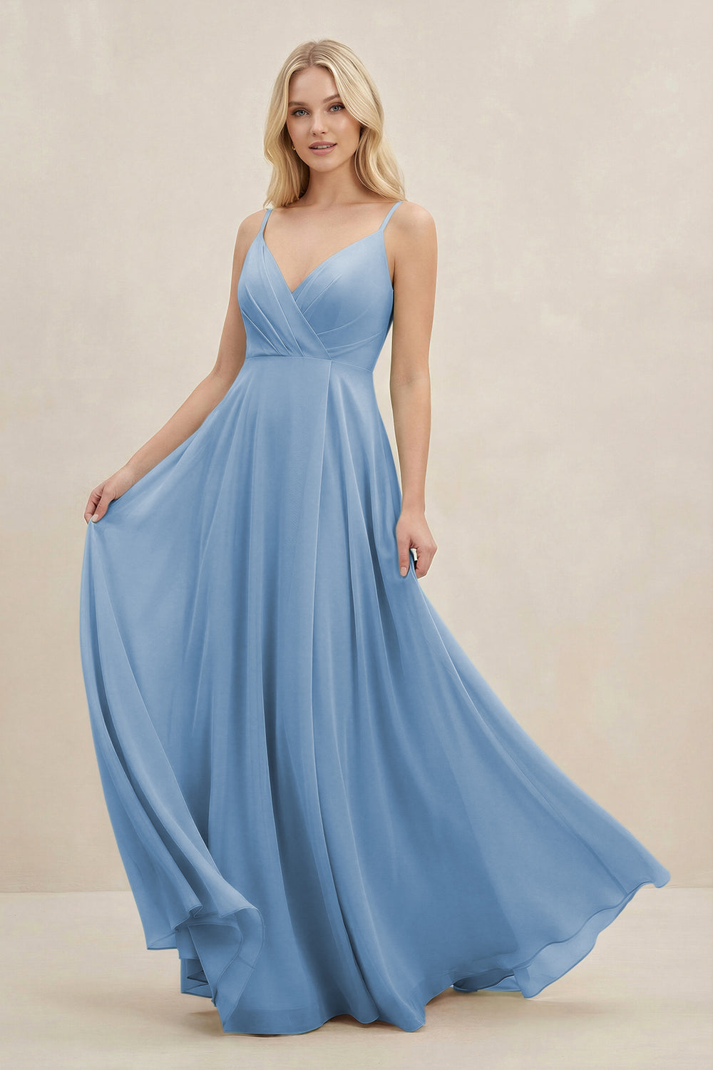 A-Line Spaghetti Strap Chiffon Bridesmaid Dress in Steel Blue