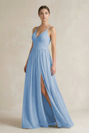 Steel Blue A-Line Spaghetti Strap Chiffon Bridesmaid Dress | KISSBRIDAL