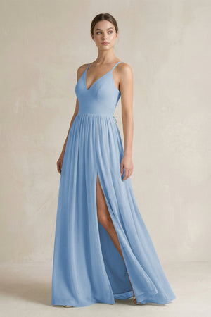 Steel Blue A-Line Spaghetti Strap Chiffon Bridesmaid Dress | KISSBRIDAL