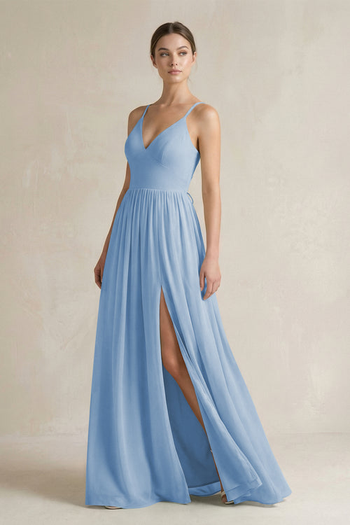 Steel Blue A-Line Spaghetti Strap Chiffon Bridesmaid Dress | KISSBRIDAL