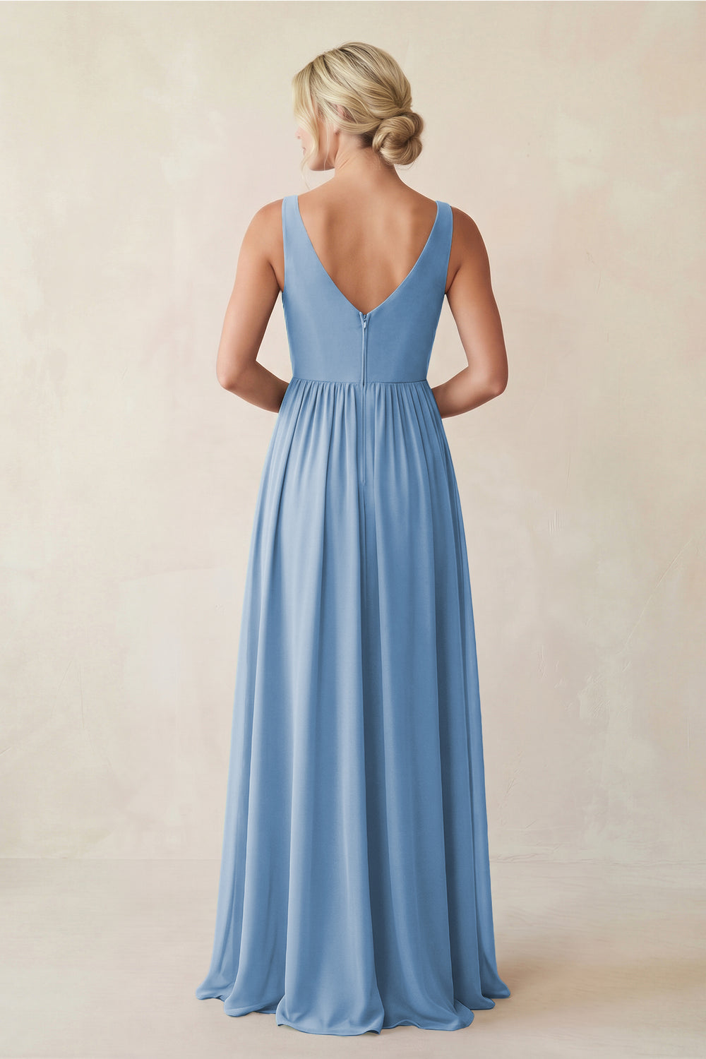A-Line V-Neck Pleated Chiffon Bridesmaid Dress in Steel Blue
