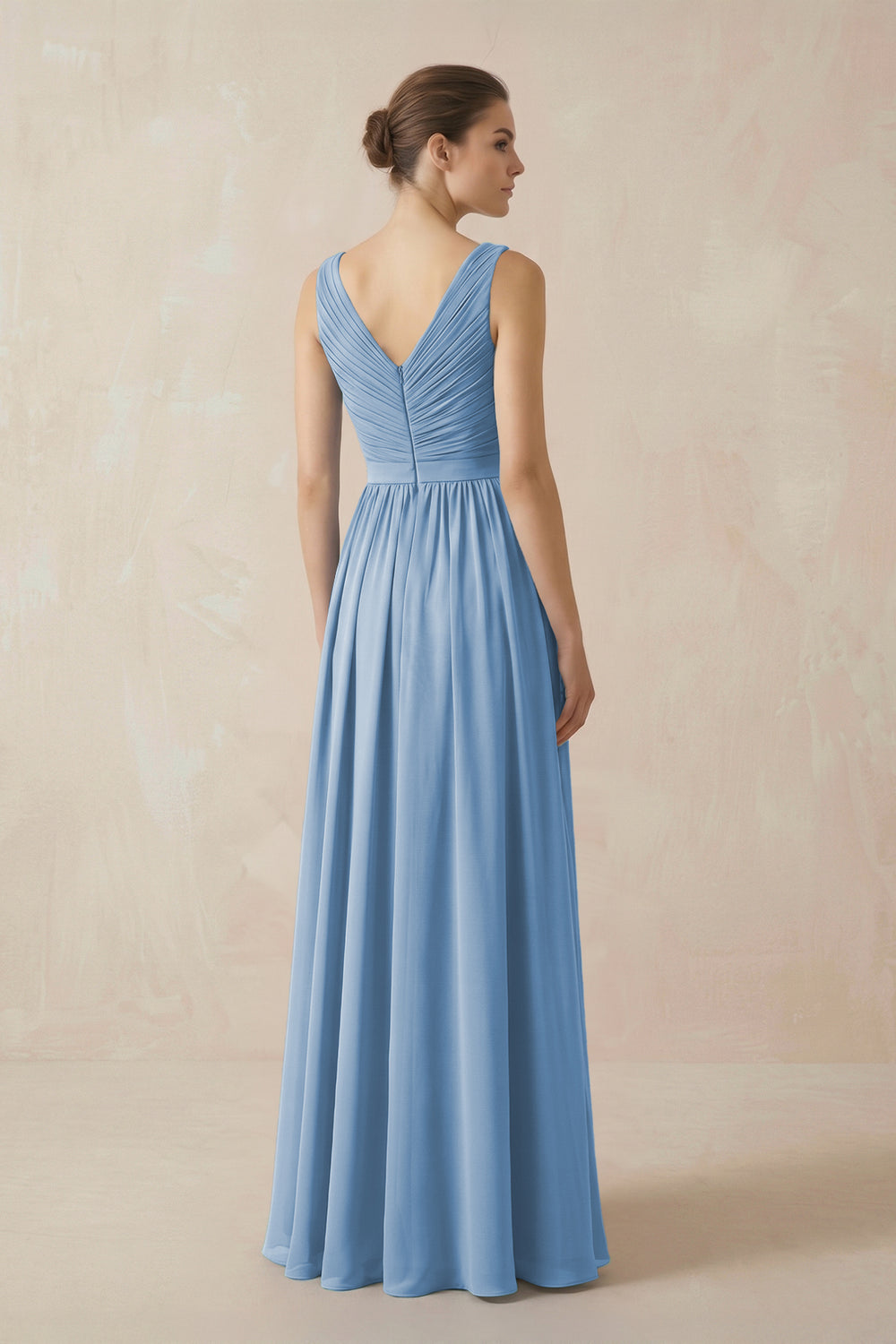 A-Line V-Neck Pleated Chiffon Bridesmaid Dress in Steel Blue