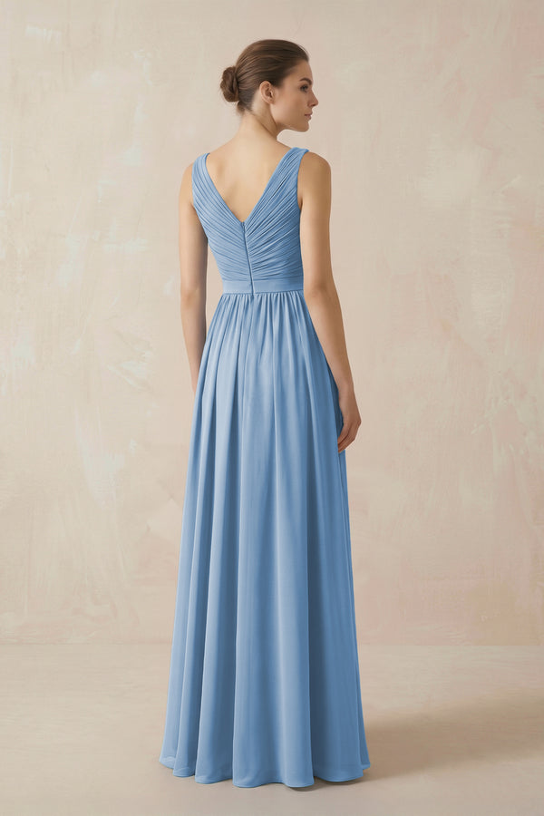 Steel Blue A-Line V-Neck Pleated Chiffon Bridesmaid Dress (2) | KISSBRIDAL