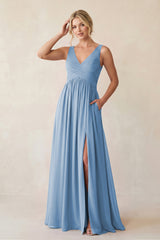 Steel Blue A-Line V-Neck Pleated Chiffon Bridesmaid Dress | KISSBRIDAL