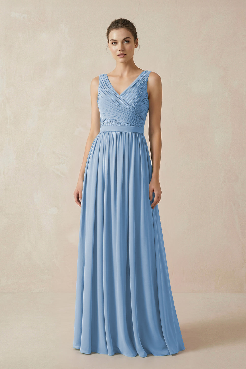 A-Line V-Neck Pleated Chiffon Bridesmaid Dress in Steel Blue