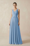 Steel Blue A-Line V-Neck Pleated Chiffon Bridesmaid Dress | KISSBRIDAL