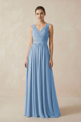Steel Blue A-Line V-Neck Pleated Chiffon Bridesmaid Dress | KISSBRIDAL