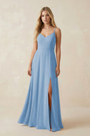 Steel Blue Cami Strap A-Line Chiffon Bridesmaid Dress with Slit | KISSBRIDAL