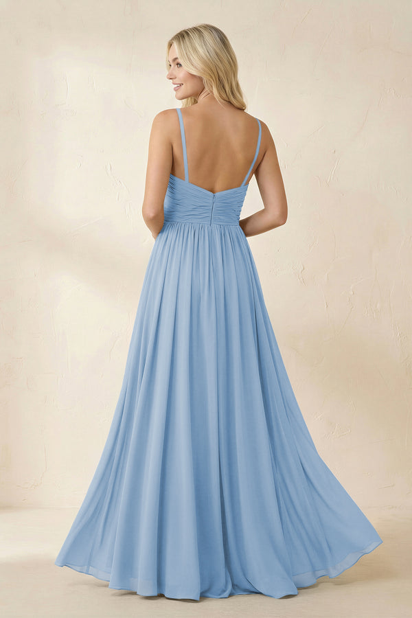 Steel Blue Cami Strap Chiffon A-Line Bridesmaid Dress with Slit (2) | KISSBRIDAL