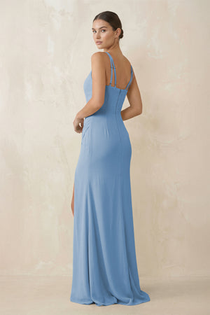 Steel Blue Cami Strap Chiffon Sheath Bridesmaid Gown (2) | KISSBRIDAL