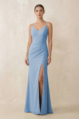 Steel Blue Cami Strap Chiffon Sheath Bridesmaid Gown | KISSBRIDAL