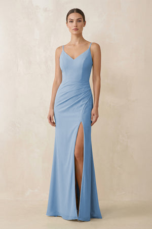 Steel Blue Cami Strap Chiffon Sheath Bridesmaid Gown | KISSBRIDAL