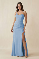 Steel Blue Cami Strap Sheath Chiffon Bridesmaid Dress with Slit | KISSBRIDAL