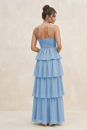 Steel Blue Cami Strap Tiered A-Line Chiffon Bridesmaid Dress (2) | KISSBRIDAL