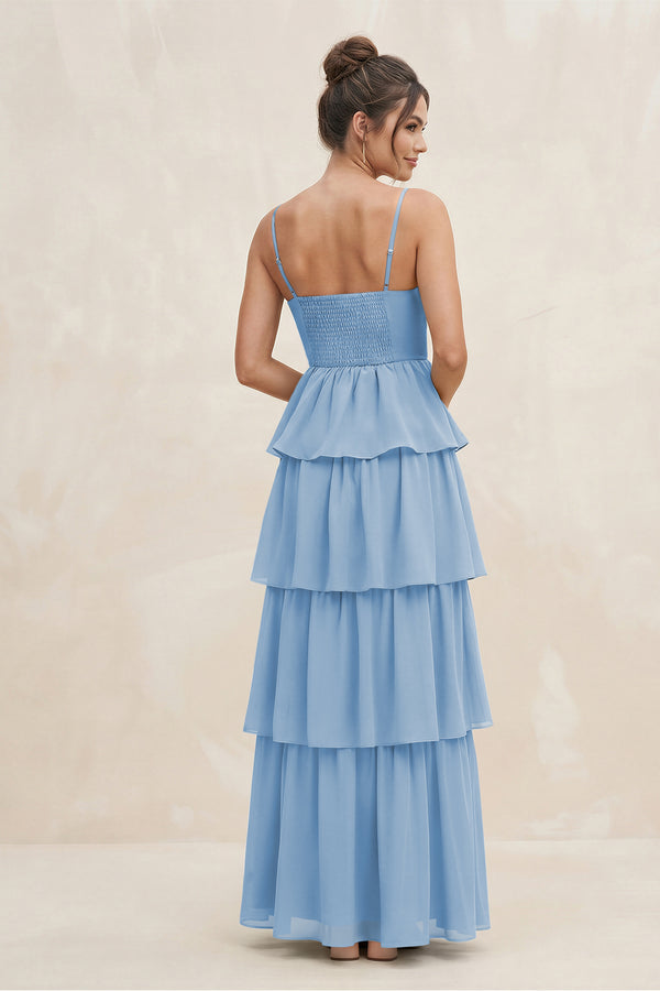 Steel Blue Cami Strap Tiered A-Line Chiffon Bridesmaid Dress (2) | KISSBRIDAL