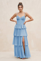 Steel Blue Cami Strap Tiered A-Line Chiffon Bridesmaid Dress | KISSBRIDAL