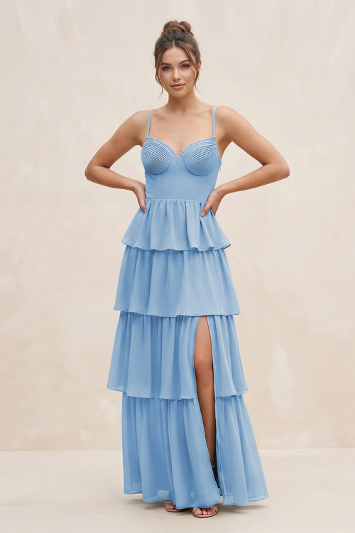 Steel Blue Cami Strap Tiered A-Line Chiffon Bridesmaid Dress | KISSBRIDAL