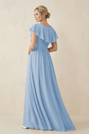 Steel Blue Cap Sleeve A-Line Ruffled Chiffon Bridesmaid Dress (2) | KISSBRIDAL