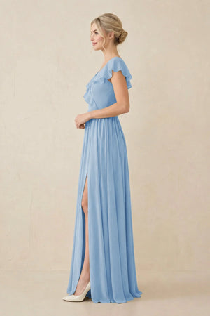 Steel Blue Cap Sleeve A-Line Ruffled Chiffon Bridesmaid Dress (3) | KISSBRIDAL