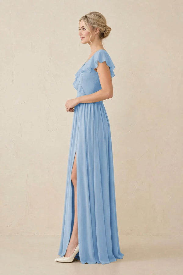 Steel Blue Cap Sleeve A-Line Ruffled Chiffon Bridesmaid Dress (3) | KISSBRIDAL