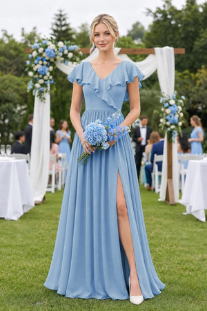 Steel Blue Cap Sleeve A-Line Ruffled Chiffon Bridesmaid Dress (4) | KISSBRIDAL