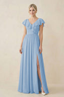 Steel Blue Cap Sleeve A-Line Ruffled Chiffon Bridesmaid Dress | KISSBRIDAL